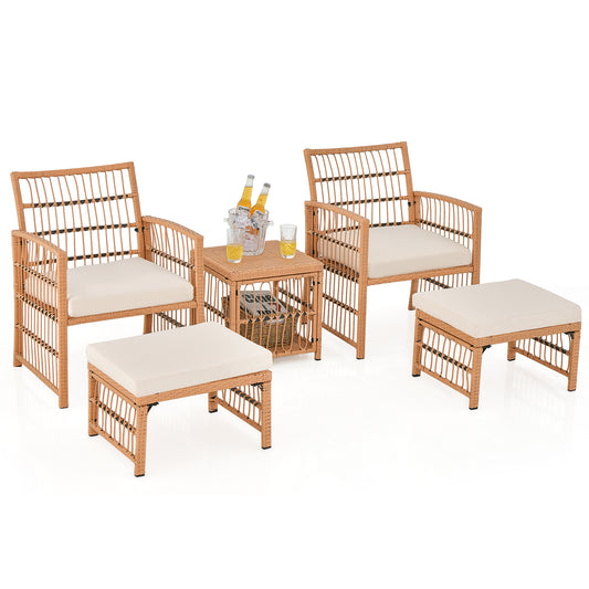 Costway 5-delig Rattan Tuinmeubel Set Balkonmeubels met 2 Fauteuils 2 Poefen & 2-laags Koffietafel