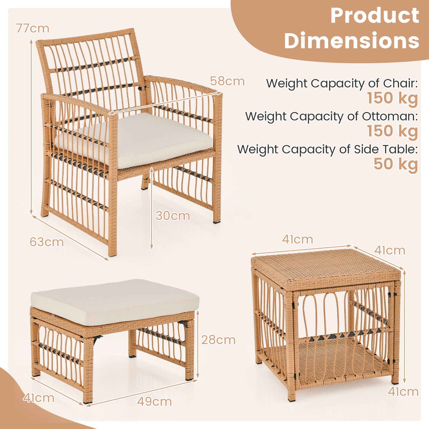 Costway 5-delig Rattan Tuinmeubel Set Balkonmeubels met 2 Fauteuils 2 Poefen & 2-laags Koffietafel