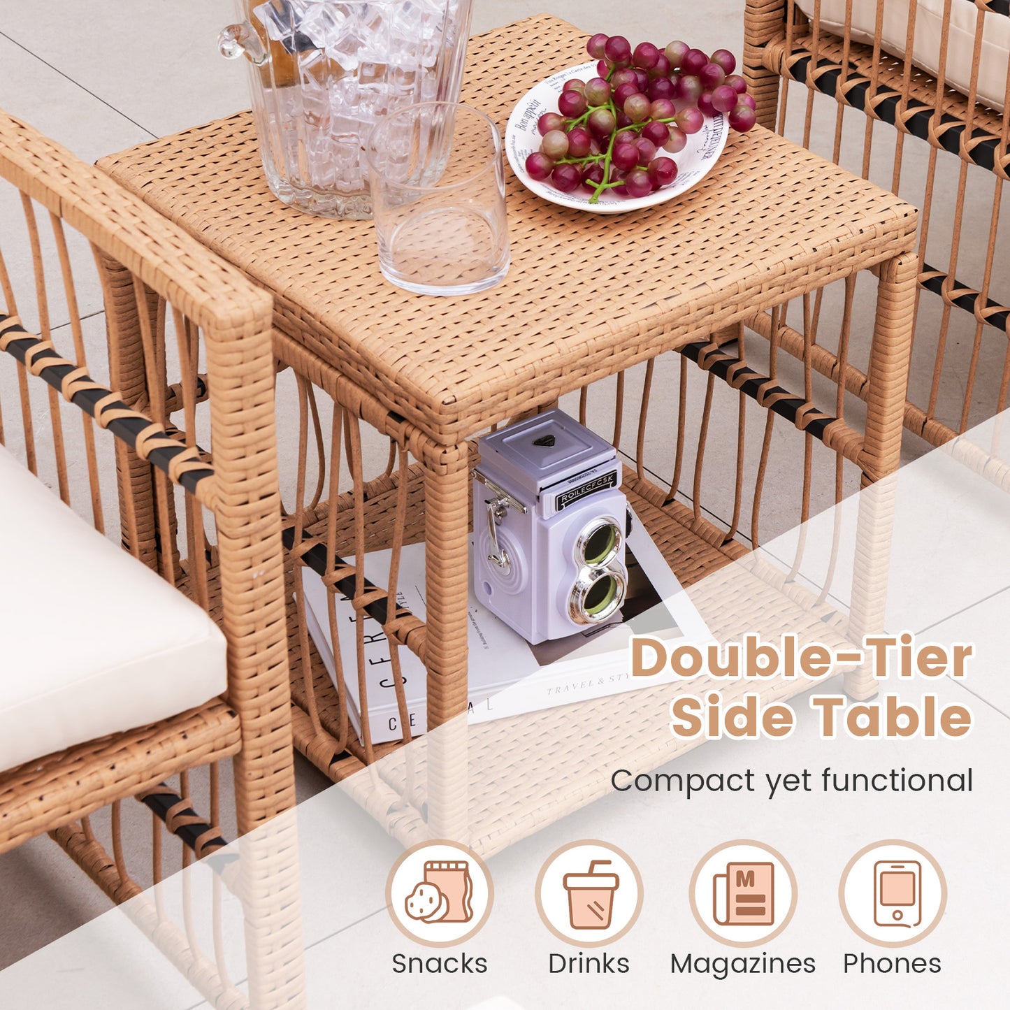 Costway 5-delig Rattan Tuinmeubel Set Balkonmeubels met 2 Fauteuils 2 Poefen & 2-laags Koffietafel