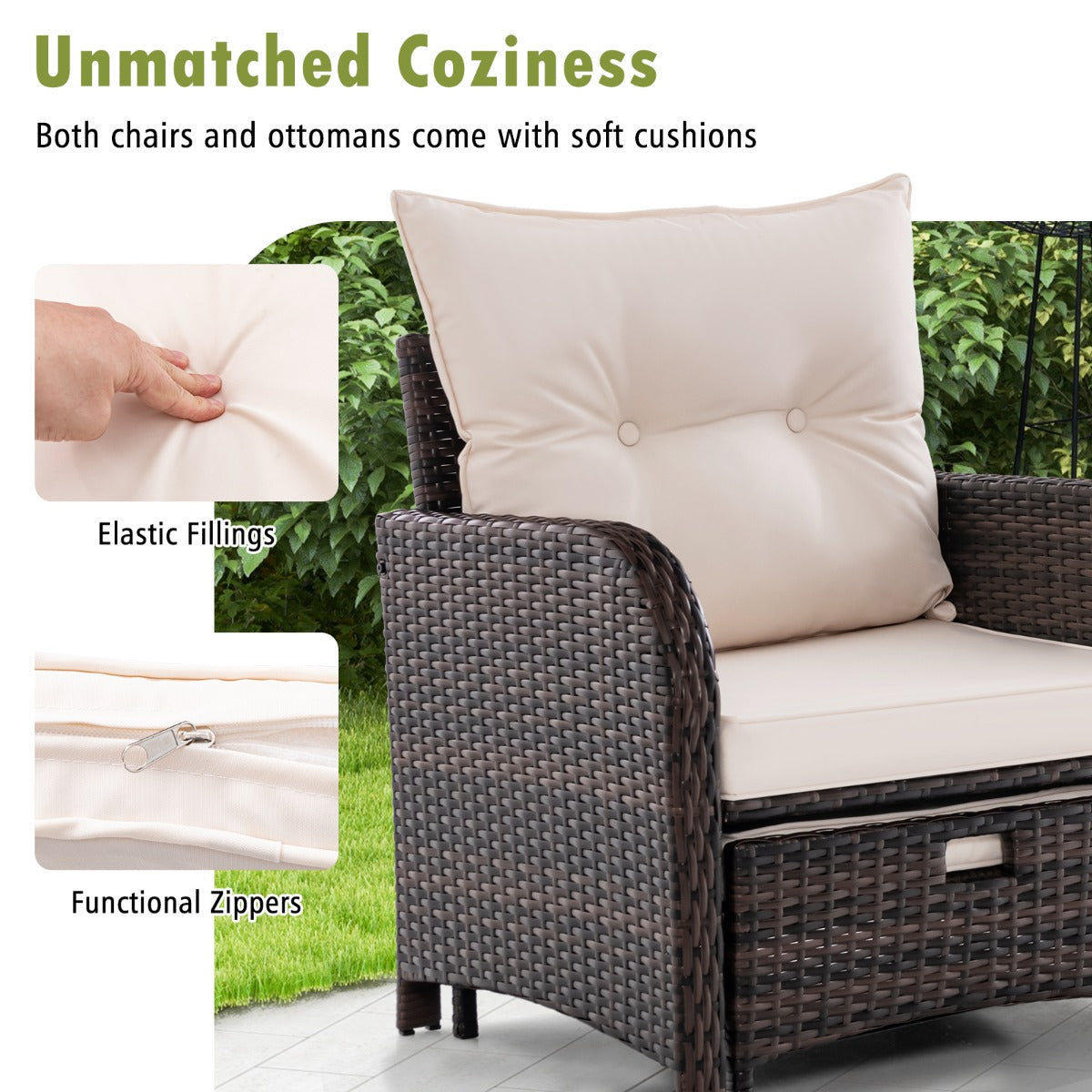 Costway 5-Delige Balkonmeubelset Tuinmeubelen van PE-Polyrotan Balkonset Incl. 2 Stoelen met Kussens Kruk en Tafel Terrasmeubels