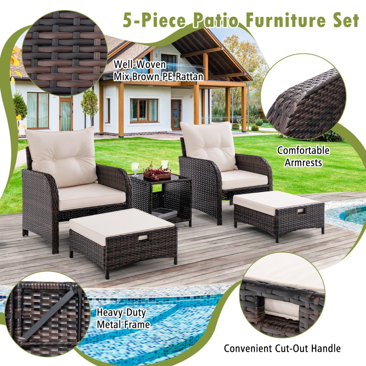 Costway 5-Delige Balkonmeubelset Tuinmeubelen van PE-Polyrotan Balkonset Incl. 2 Stoelen met Kussens Kruk en Tafel Terrasmeubels