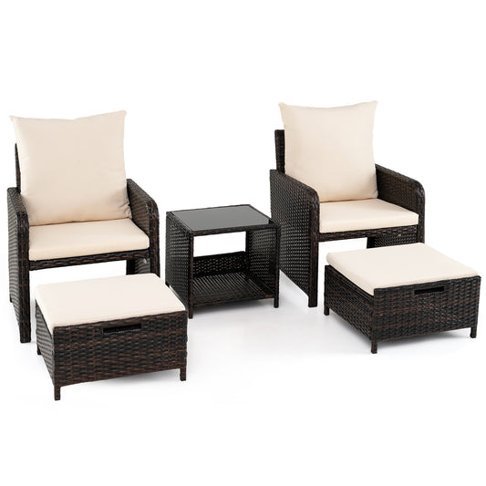 Costway 5-delige Tuinset van PE-rotan voor Buiten met 2 Stoelen en 2 Krukken Comfortabele Kussens 1 Tafel van Gehard Glas Beige