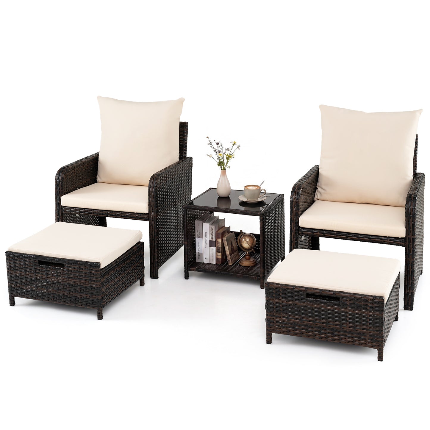 Costway 5-delige Tuinset van PE-rotan voor Buiten met 2 Stoelen en 2 Krukken Comfortabele Kussens 1 Tafel van Gehard Glas Beige