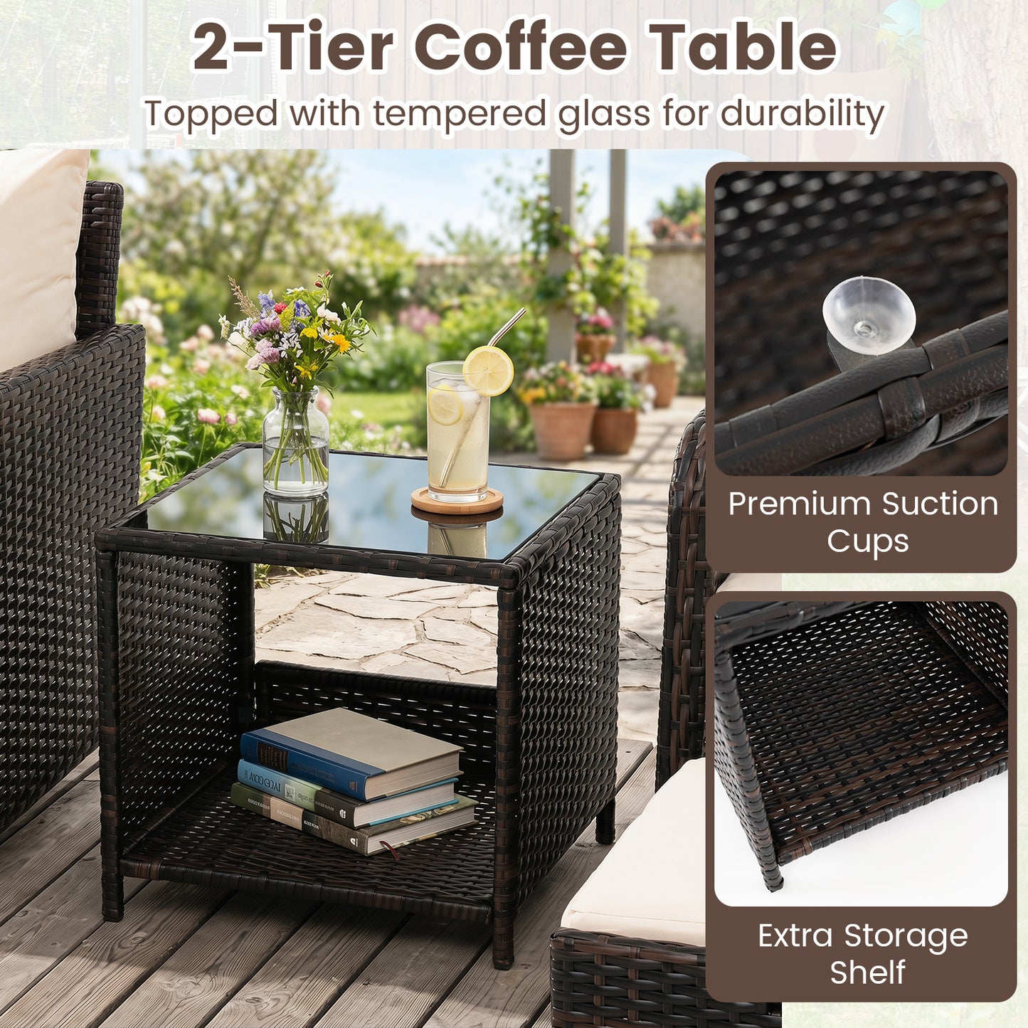 Costway 5-delige Tuinset van PE-rotan voor Buiten met 2 Stoelen en 2 Krukken Comfortabele Kussens 1 Tafel van Gehard Glas Beige