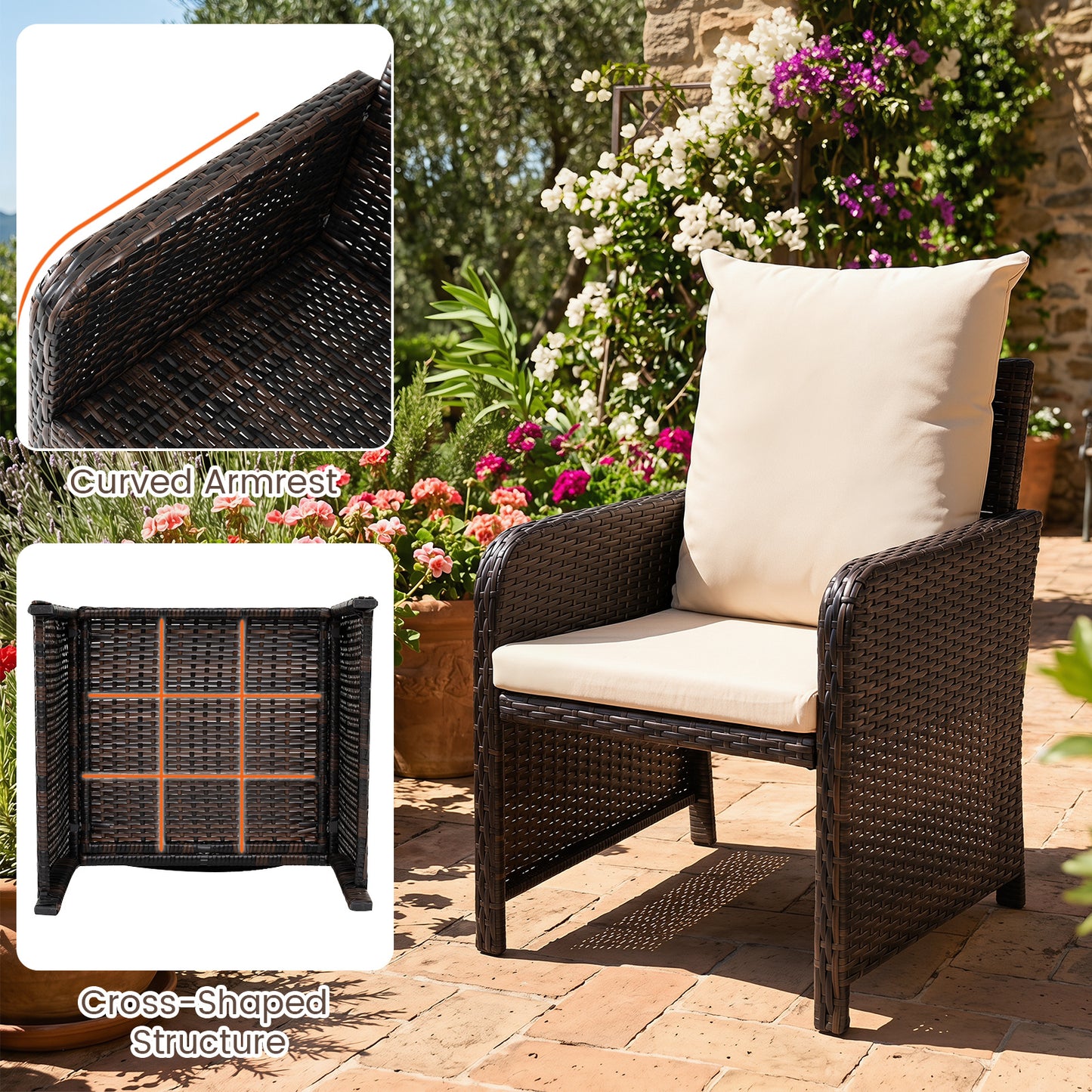 Costway 5-delige Tuinset van PE-rotan voor Buiten met 2 Stoelen en 2 Krukken Comfortabele Kussens 1 Tafel van Gehard Glas Beige