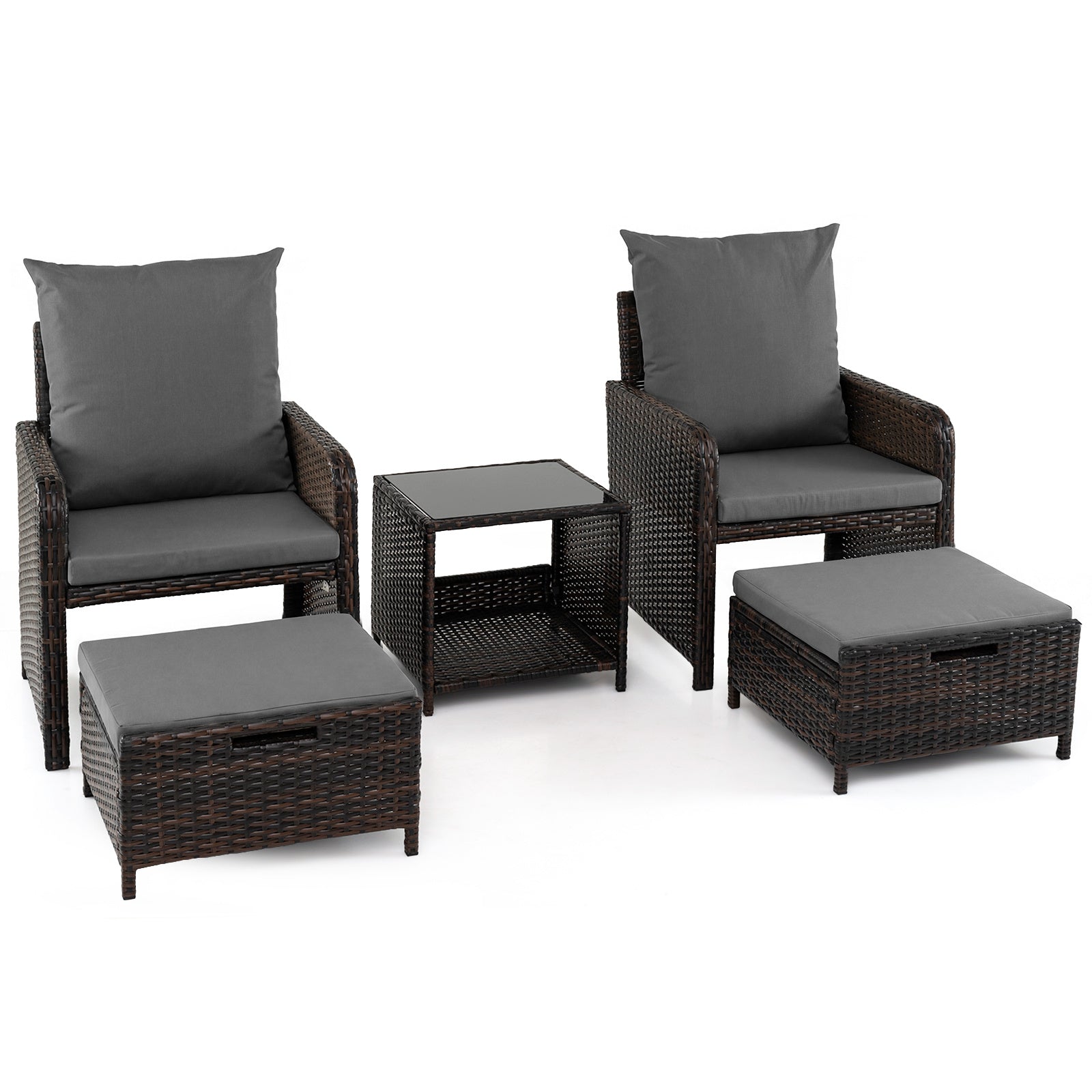 Costway 5-delige Tuinset van PE-rotan voor Buiten met 2 Stoelen en 2 Krukken Comfortabele Kussens 1 Tafel van Gehard Glas Grijs