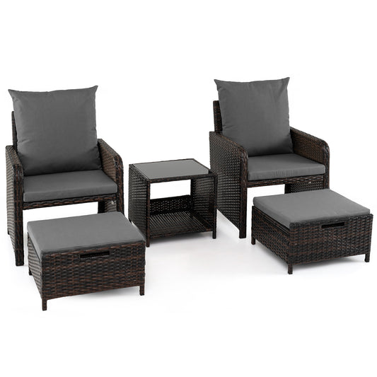 Costway 5-delige Tuinset van PE-rotan voor Buiten met 2 Stoelen en 2 Krukken Comfortabele Kussens 1 Tafel van Gehard Glas Grijs