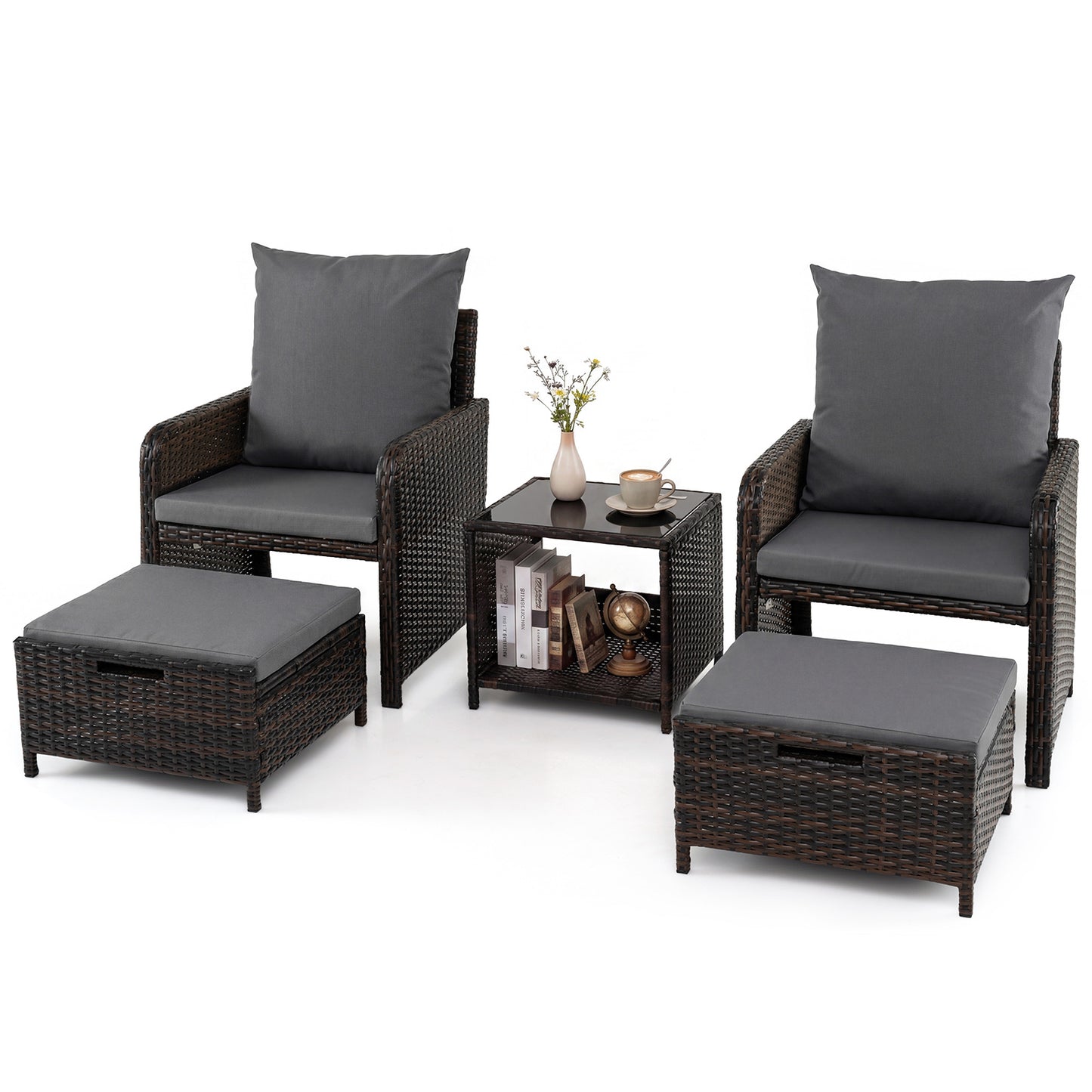 Costway 5-delige Tuinset van PE-rotan voor Buiten met 2 Stoelen en 2 Krukken Comfortabele Kussens 1 Tafel van Gehard Glas Grijs