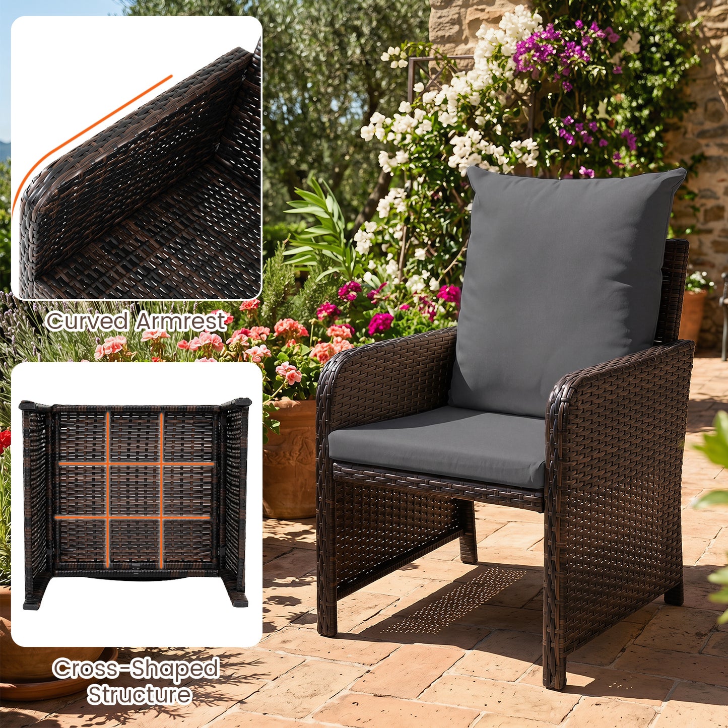 Costway 5-delige Tuinset van PE-rotan voor Buiten met 2 Stoelen en 2 Krukken Comfortabele Kussens 1 Tafel van Gehard Glas Grijs