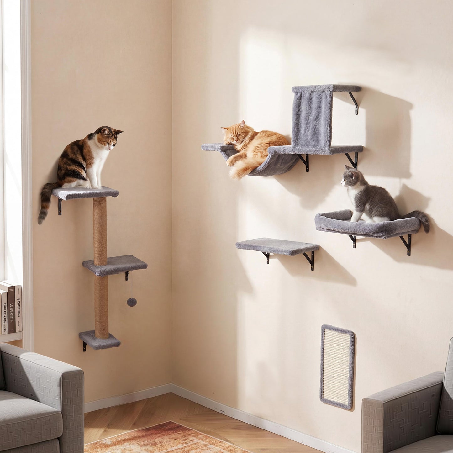 Costway 5 in 1 Klimwand Katten Wand Elementen Kattenmeubelen Kattenbrug Sisal Krabpalen Krabplank Kattentrap Kattenwand voor Huiskatten