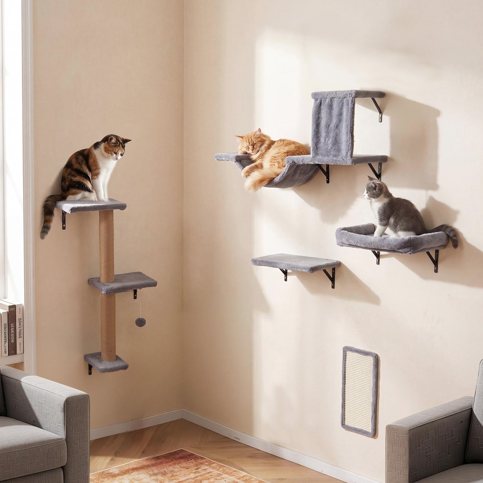 Costway 5 in 1 Klimwand Katten Wand Elementen Kattenmeubelen Kattenbrug Sisal Krabpalen Krabplank Kattentrap Kattenwand voor Huiskatten