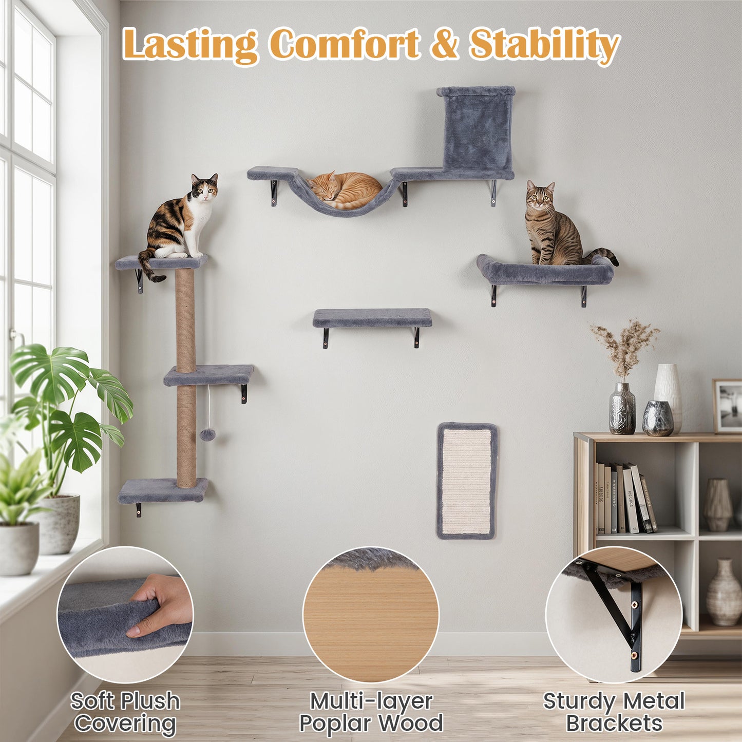 Costway 5 in 1 Klimwand Katten Wand Elementen Kattenmeubelen Kattenbrug Sisal Krabpalen Krabplank Kattentrap Kattenwand voor Huiskatten