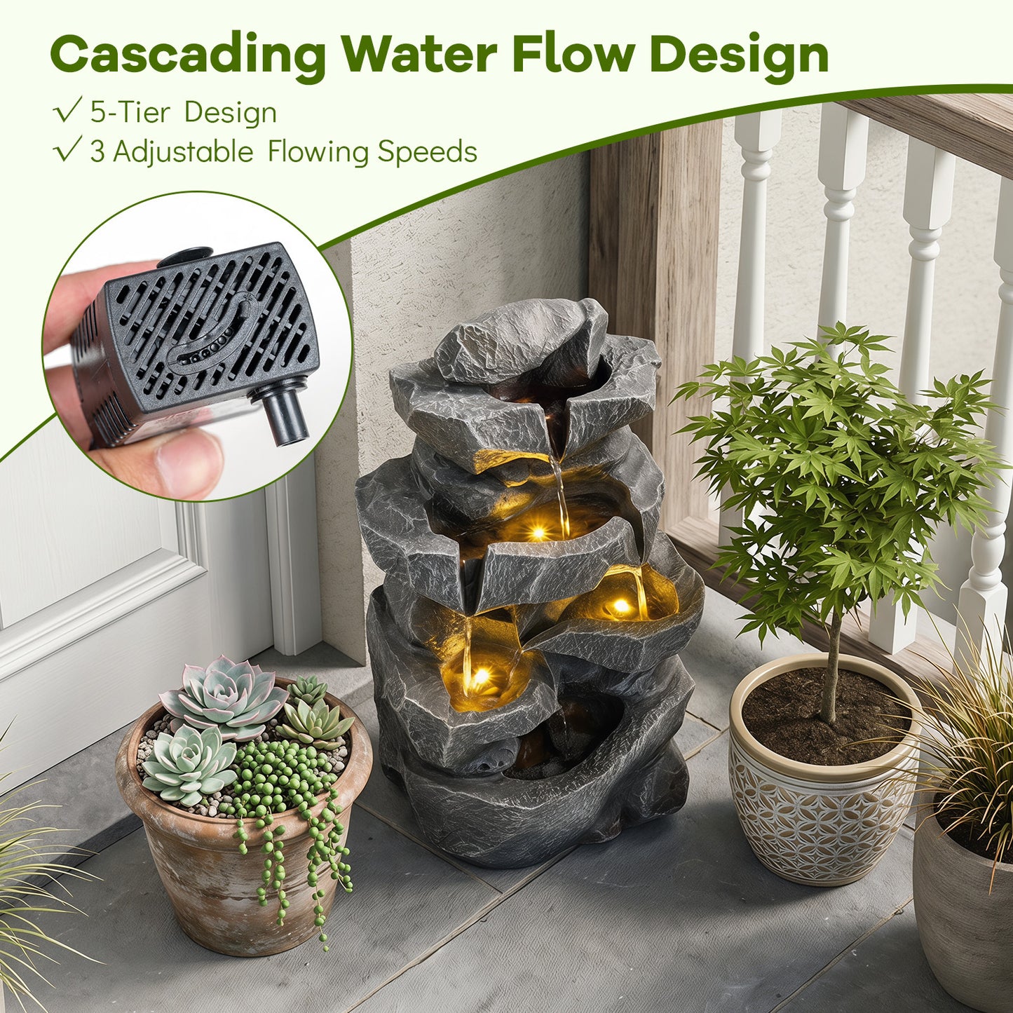 Costway 5-traps Binnenfontein met Verlichting Decoratieve Waterfontein van Kunsthars Zen-waterval met Watercirculatie