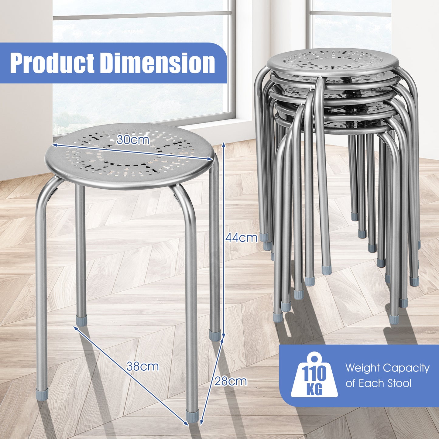 Costway 6-delige Set Stapelbare Metalen Krukken Ronde Eetkamerkruk met Robuust Metalen Frame & Ademende Zitting Grijs