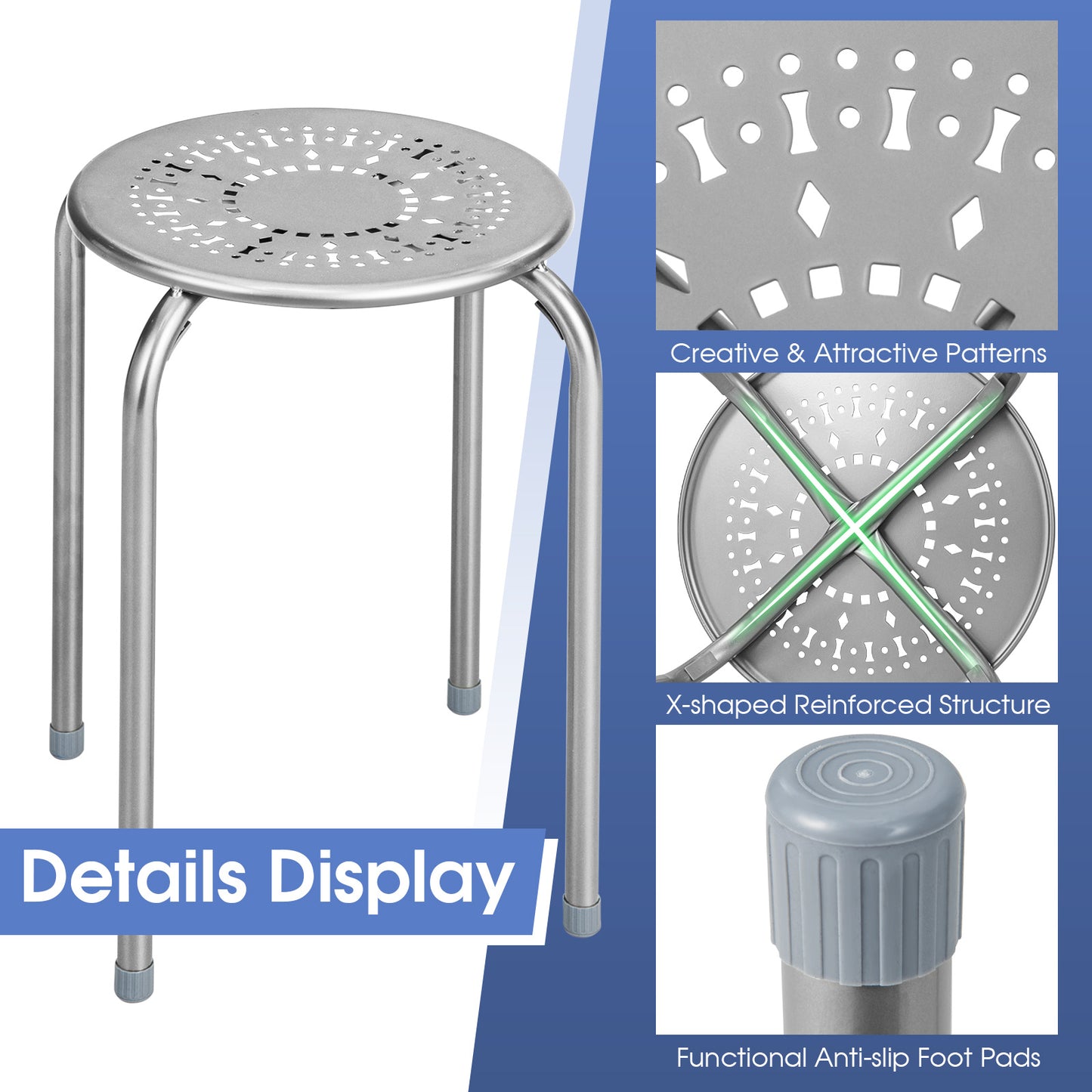 Costway 6-delige Set Stapelbare Metalen Krukken Ronde Eetkamerkruk met Robuust Metalen Frame & Ademende Zitting Grijs