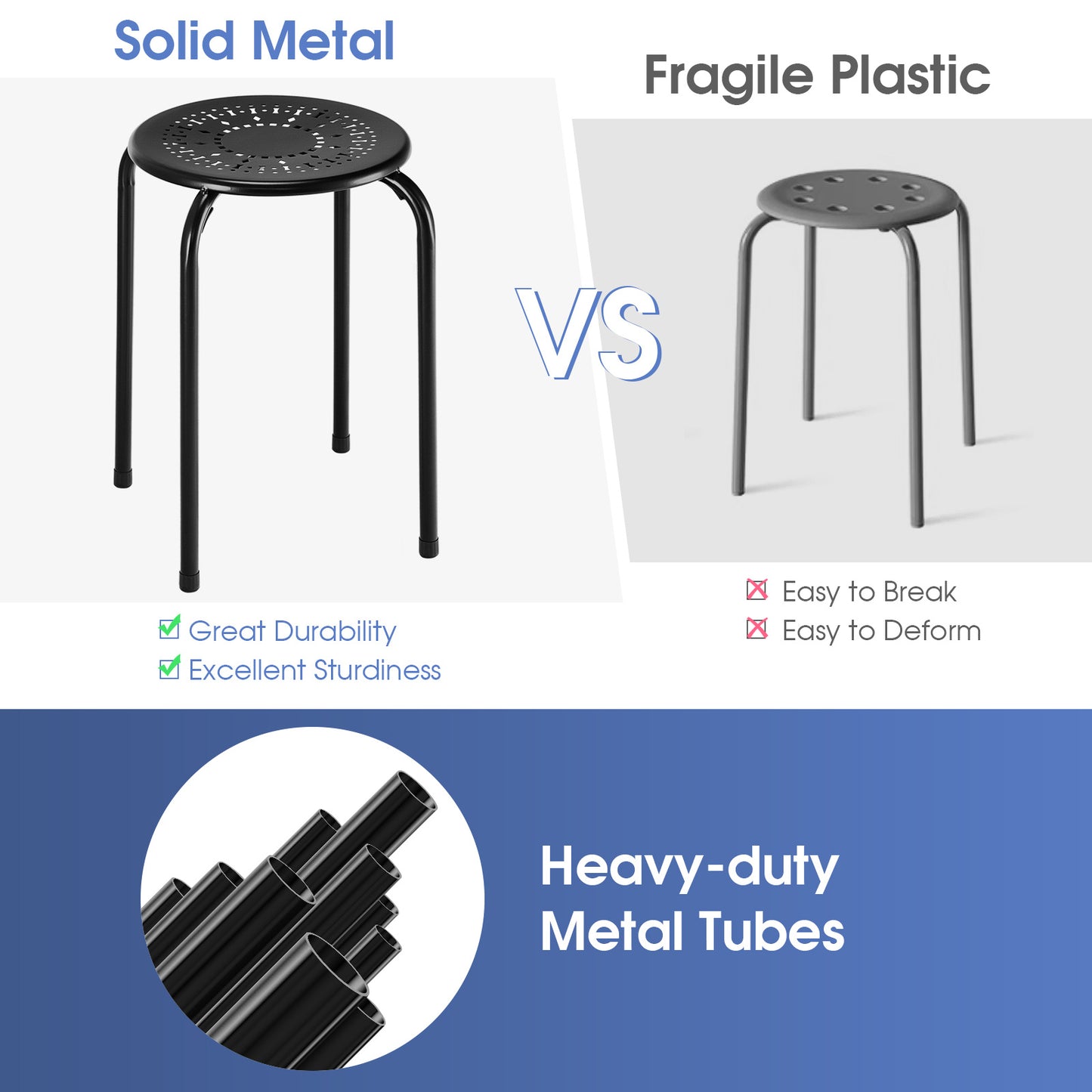 Costway 6-delige Set Stapelbare Metalen Krukken Ronde Eetkamerkruk met Robuust Metalen Frame & Ademende Zitting Zwart