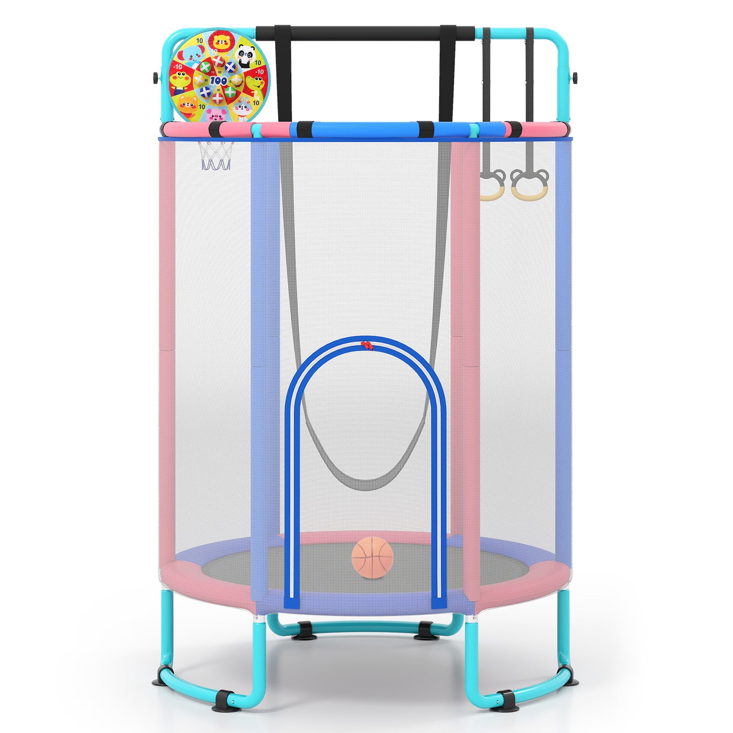 Costway 6-in-1 Kindertrampoline met Veiligheidsnet en Thermisch Verzinkt Metalen Frame 140 x 140 x 214 cm Blauw