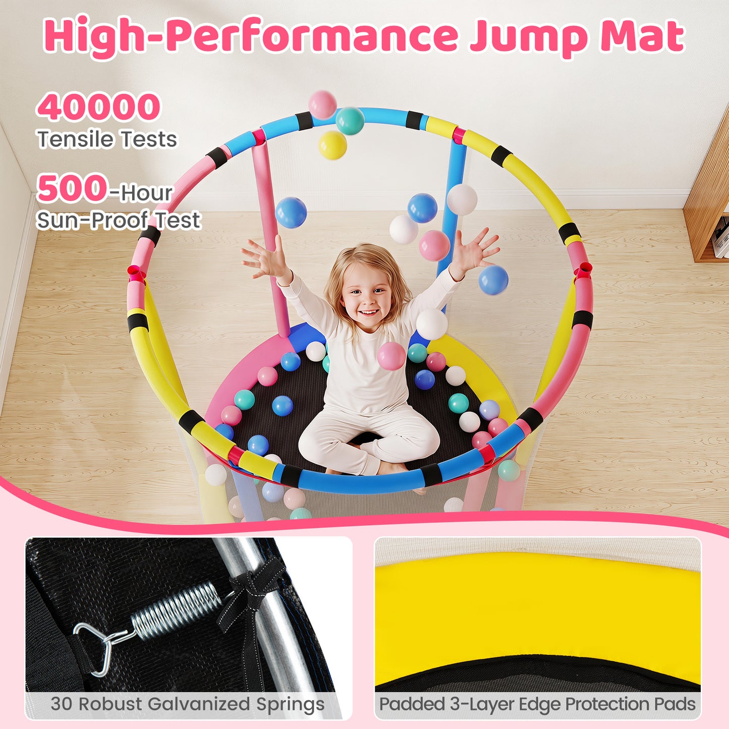 Costway 6-in-1 Kindertrampoline met Veiligheidsnet en Thermisch Verzinkt Metalen Frame 140 x 140 x 214 cm Multicolor