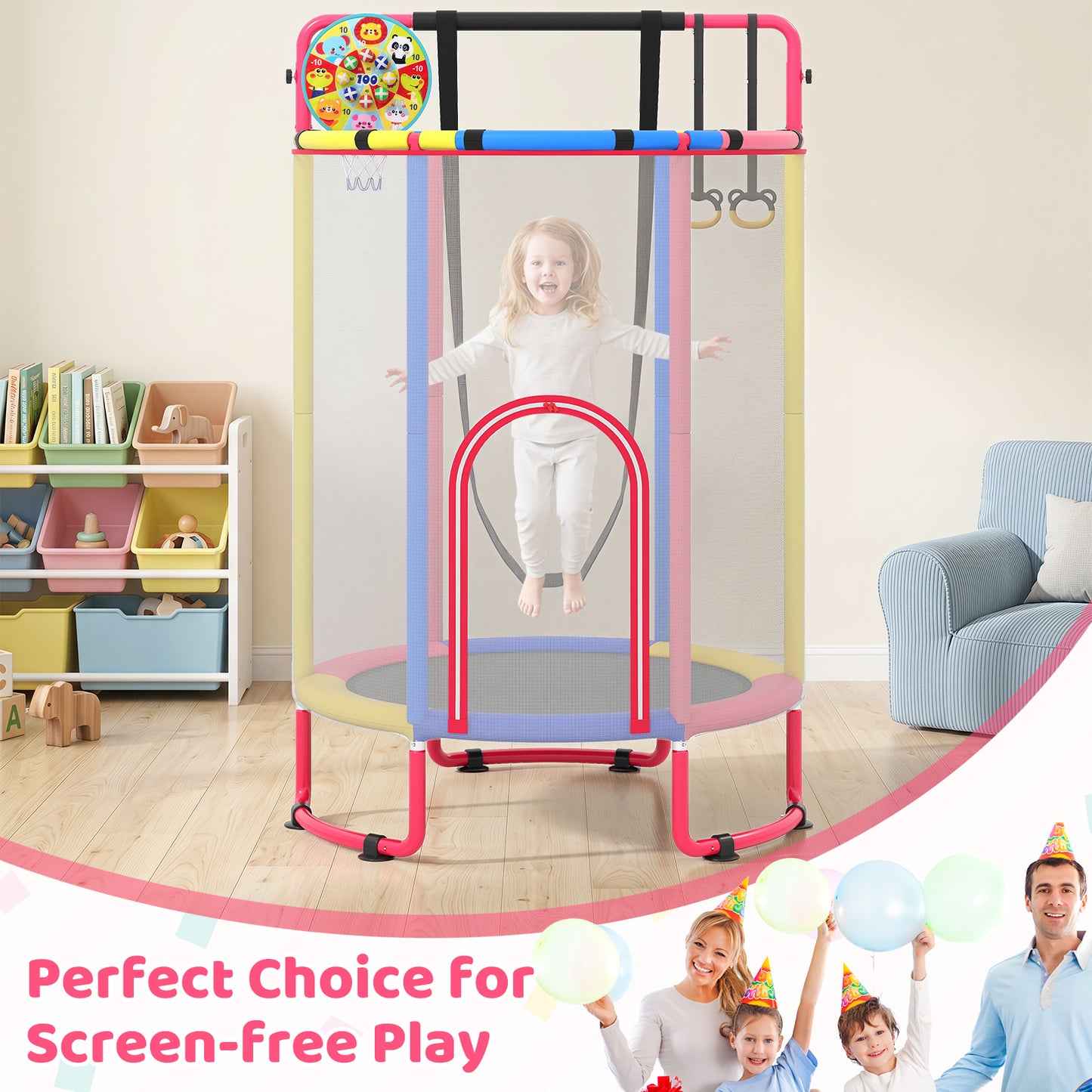 Costway 6-in-1 Kindertrampoline met Veiligheidsnet en Thermisch Verzinkt Metalen Frame 140 x 140 x 214 cm Multicolor