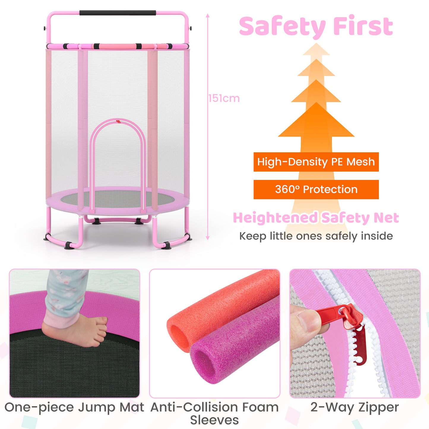 Costway 6-in-1 Kindertrampoline met Veiligheidsnet en Thermisch Verzinkt Metalen Frame 140 x 140 x 214 cm Roze