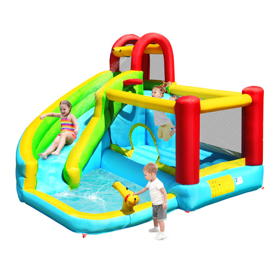 Costway 6 in 1 Springkasteel met Gebogen Glijbaan Springkasteel met Klimwand Zwembad Waterkanon Basketbalhoepel Draagvermogen 135kg