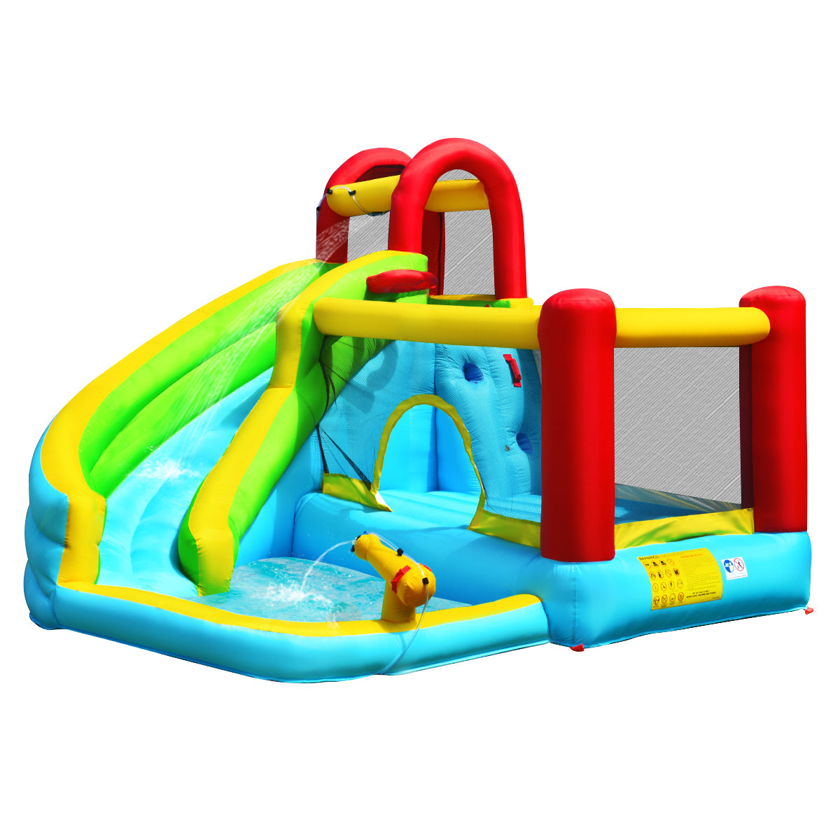 Costway 6 in 1 Springkasteel met Gebogen Glijbaan Springkasteel met Klimwand Zwembad Waterkanon Basketbalhoepel Draagvermogen 135kg