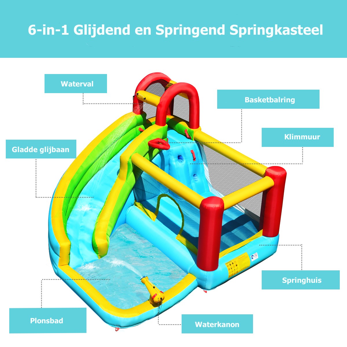 Costway 6 in 1 Springkasteel met Gebogen Glijbaan Springkasteel met Klimwand Zwembad Waterkanon Basketbalhoepel Draagvermogen 135kg