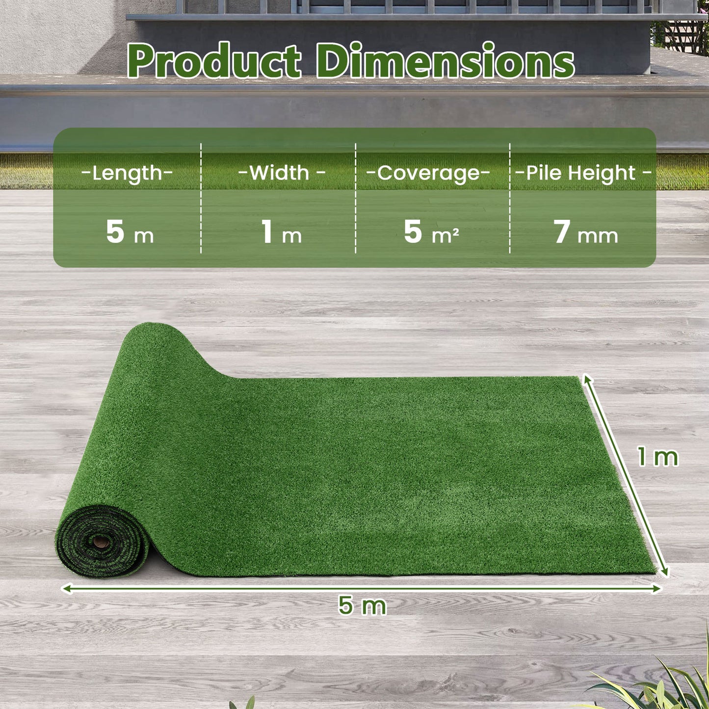 Costway 7 mm Kunstgras Buiten Groen Materiaal PP PE SBR (Latex) Lijm 100 x 500 cm