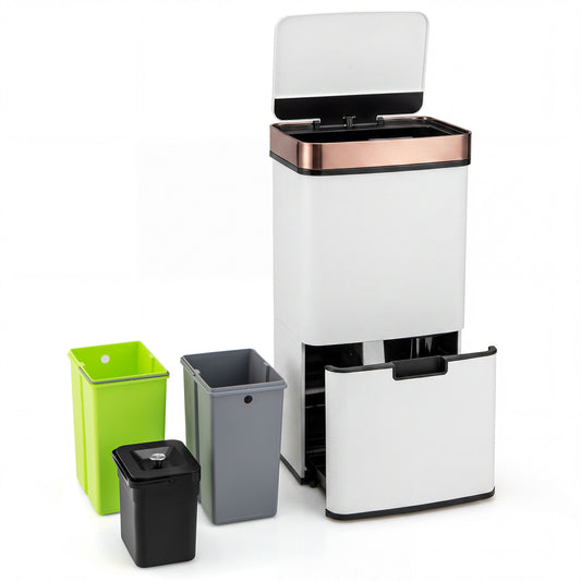 Costway 72 L Vuilnisemmer 4 Vakken Elektrische Afvalemmer met Sensor 2 x 11 L + 3,5 L + 46,5 L Keukenafvalemmer Wit