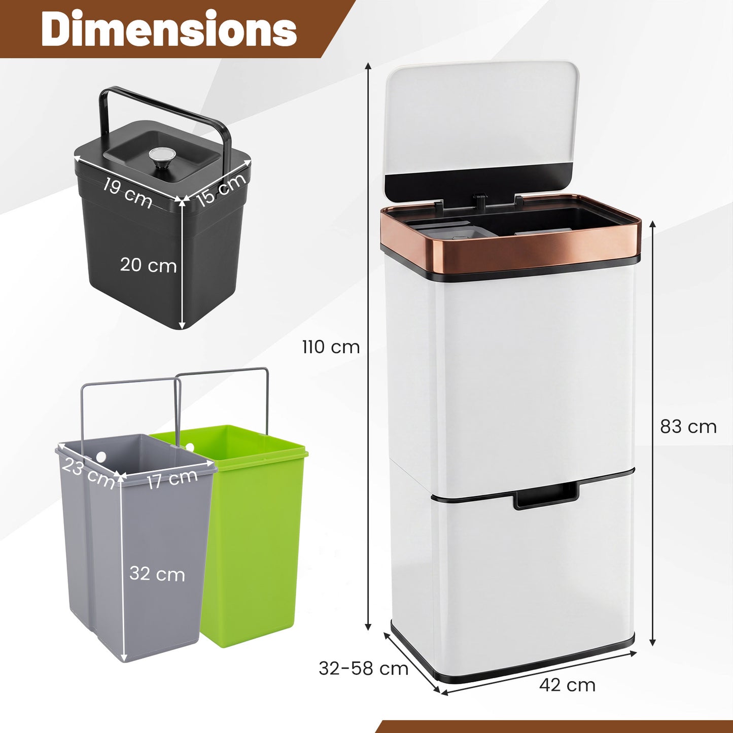 Costway 72 L Vuilnisemmer 4 Vakken Elektrische Afvalemmer met Sensor 2 x 11 L + 3,5 L + 46,5 L Keukenafvalemmer Wit