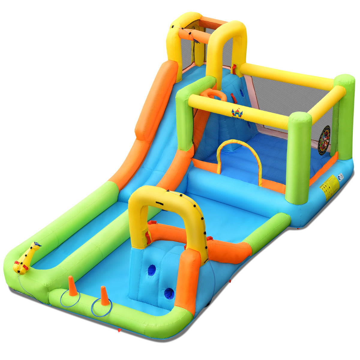 Costway 8 in 1 Opblaasbaar Uitsmijter met 2 Glijbanen Waterpark Belasting 135kg voor 3 Kinderen 3-10 Jaar