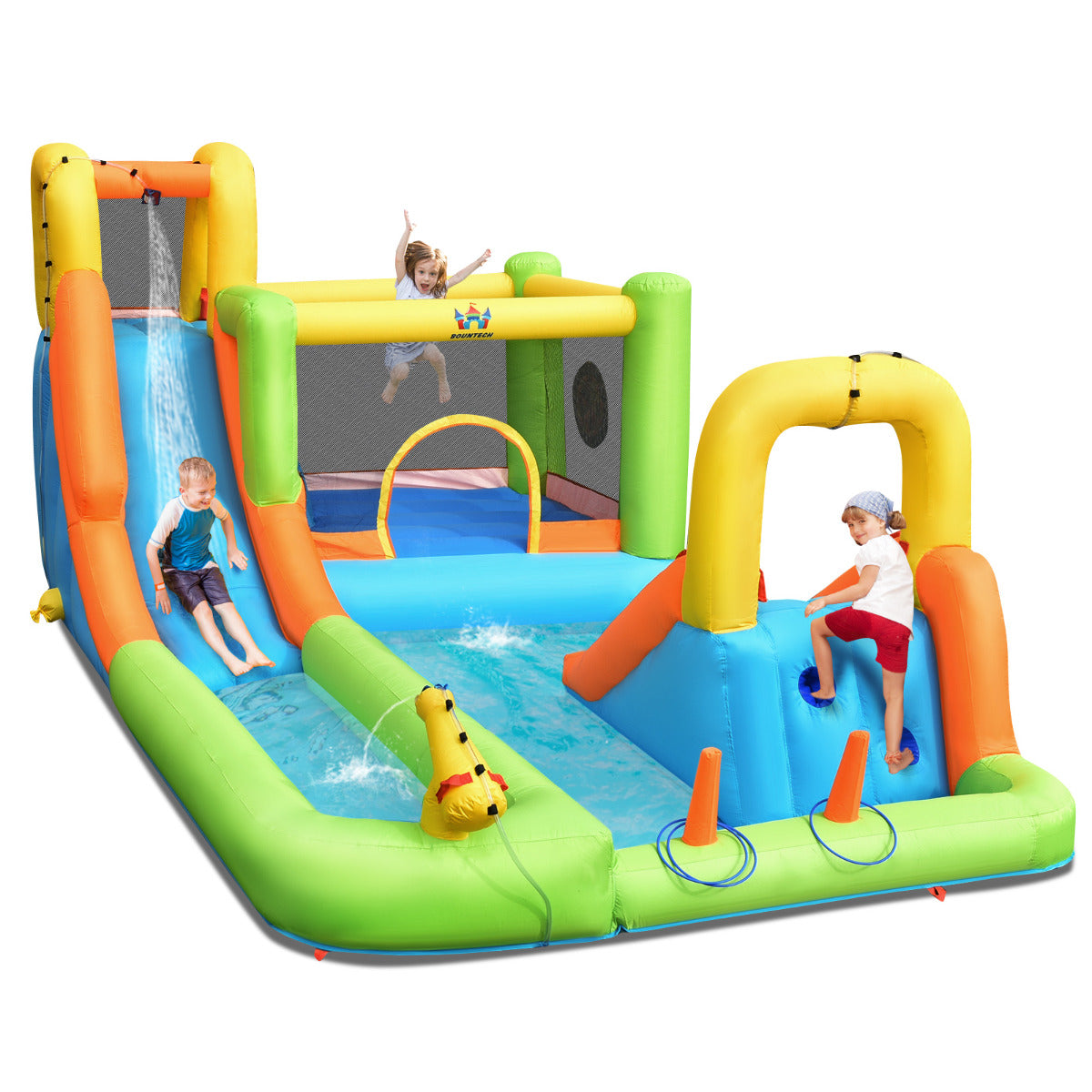 Costway 8 in 1 Opblaasbaar Uitsmijter met 2 Glijbanen Waterpark Belasting 135kg voor 3 Kinderen 3-10 Jaar