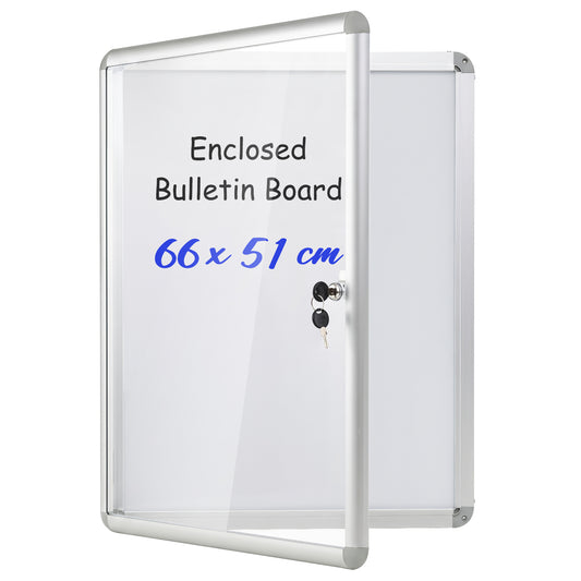 Costway Afsluitbare Vitrine Informatiebord met Magnetische en Beschrijfbare Achterwand Prikbord voor Wandmontage Zilver 50,8 x 66cm