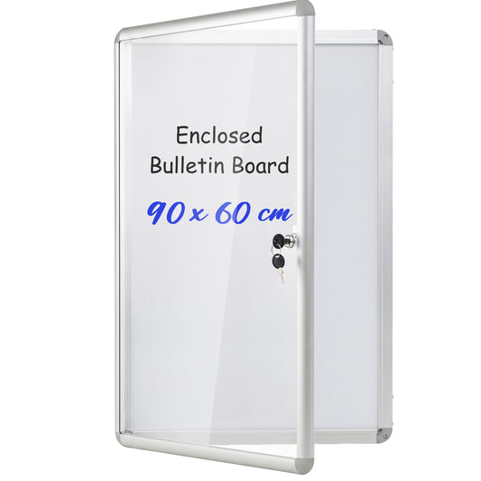 Costway Afsluitbare Vitrine Informatiebord met Magnetische en Beschrijfbare Achterwand Prikbord voor Wandmontage Zilver 60 x 90cm
