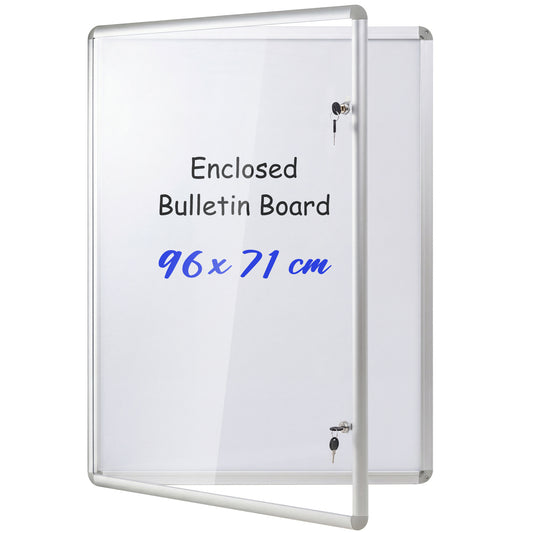 Costway Afsluitbare Vitrine Informatiebord met Magnetische en Beschrijfbare Achterwand Prikbord voor Wandmontage Zilver 71 x 96cm