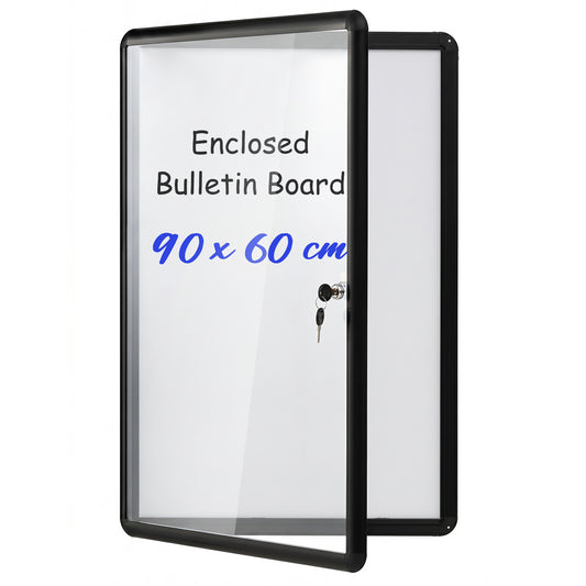 Costway Afsluitbare Vitrine Informatiebord met Magnetische en Beschrijfbare Achterwand Prikbord voor Wandmontage Zwart 60 x 90cm