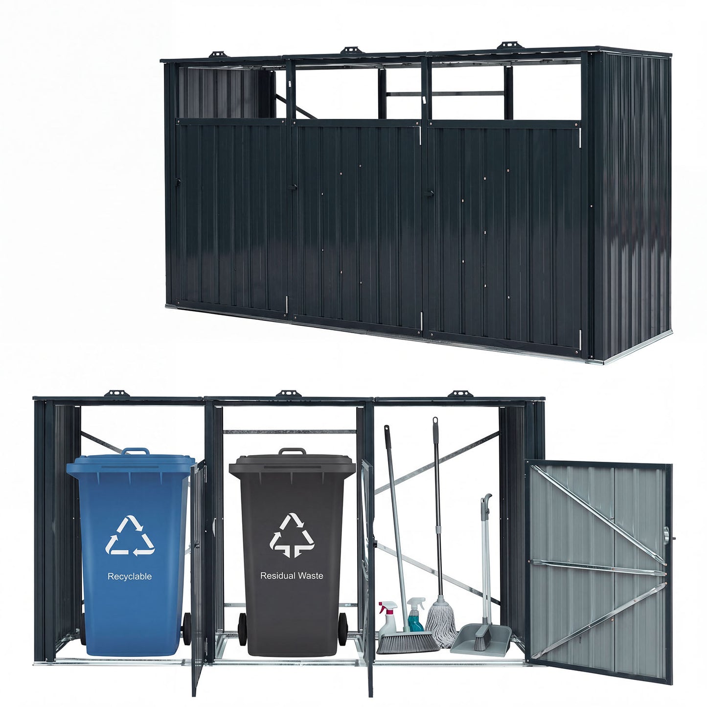 Costway Afvalcontainerbox voor 3 Containers Afdekking voor 3 Containers van Verzinkt Staal Grijs