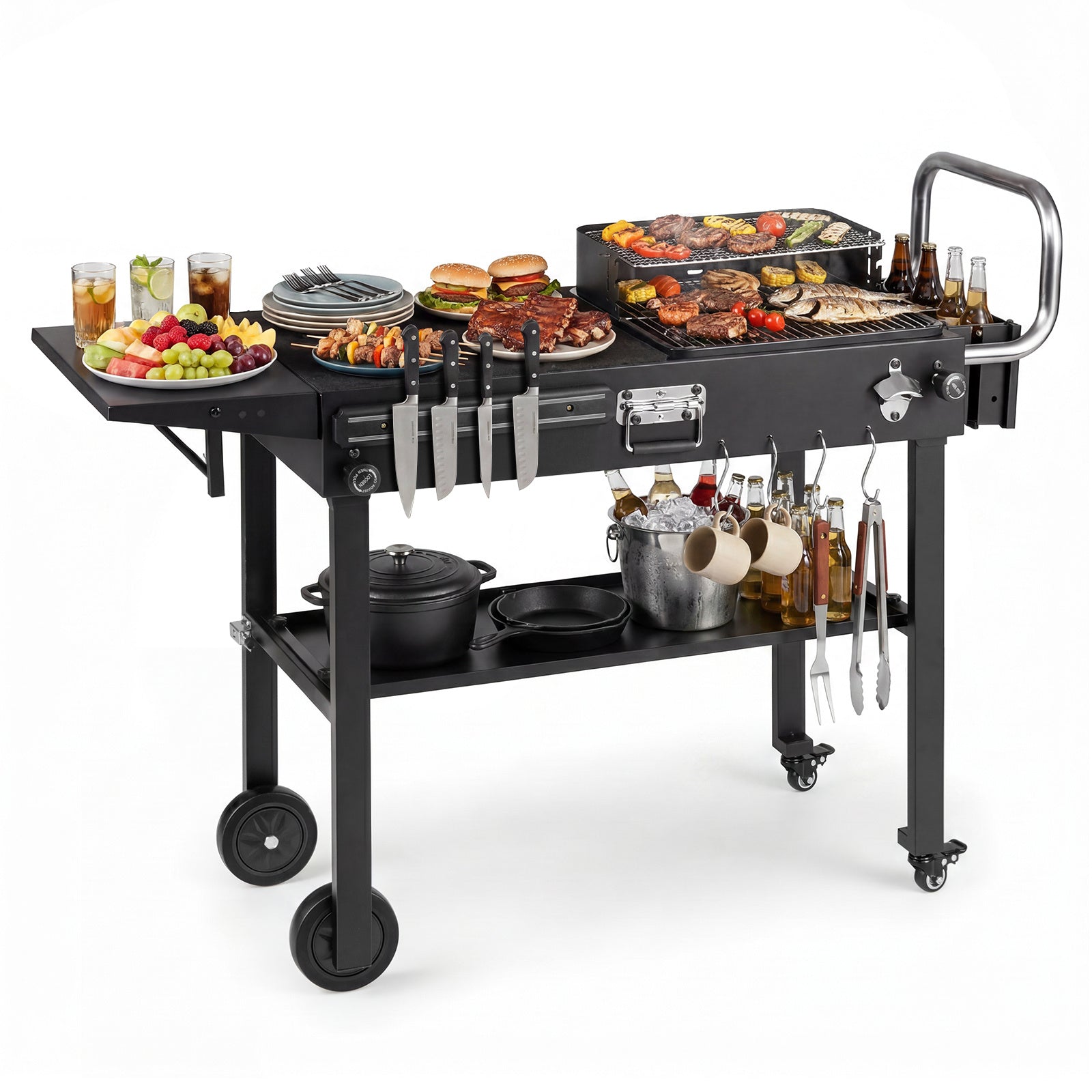 Costway Barbecuewagen Barbecue-tafel voor Buiten op Wieltjes met Opklapbaar Tafelblad en Opbergruimte aan de Zijkant