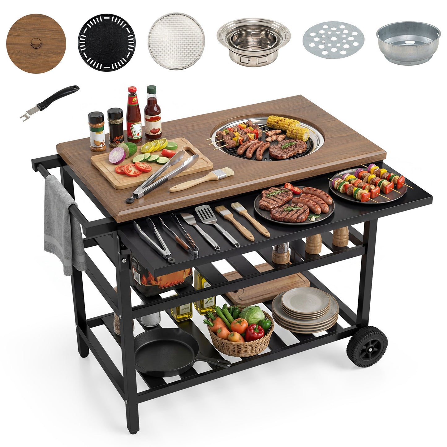 Costway Barbecuewagen voor Buiten Barbecuetafel op Wieltjes met Uitklapbare Zijtafel 2 Opbergvlakken