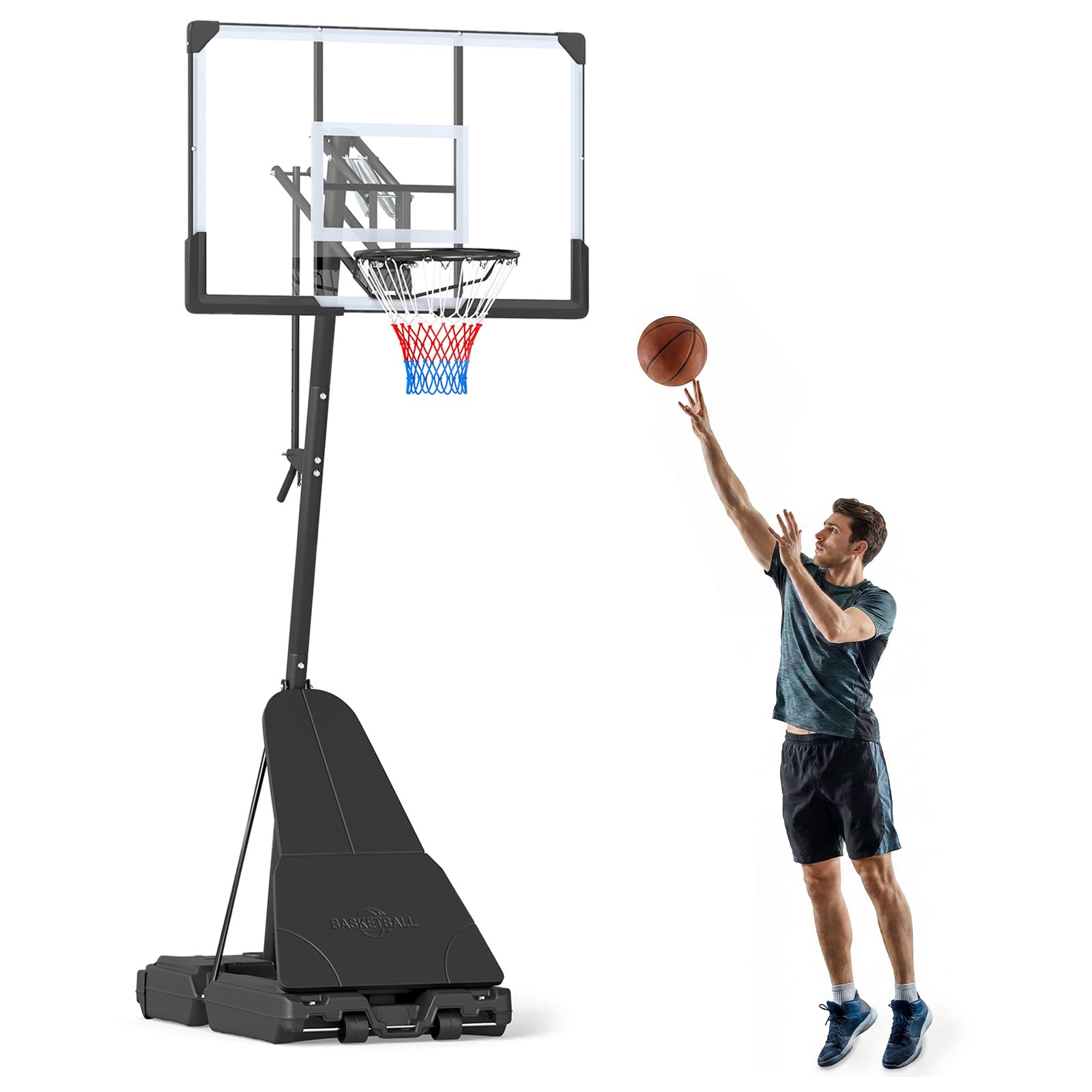 Costway Basketbalring met Standaard 245–305 cm in Hoogte Verstelbare Basketbalinstallatie met Balterugloop PC-achterwand en Vulbare Voet