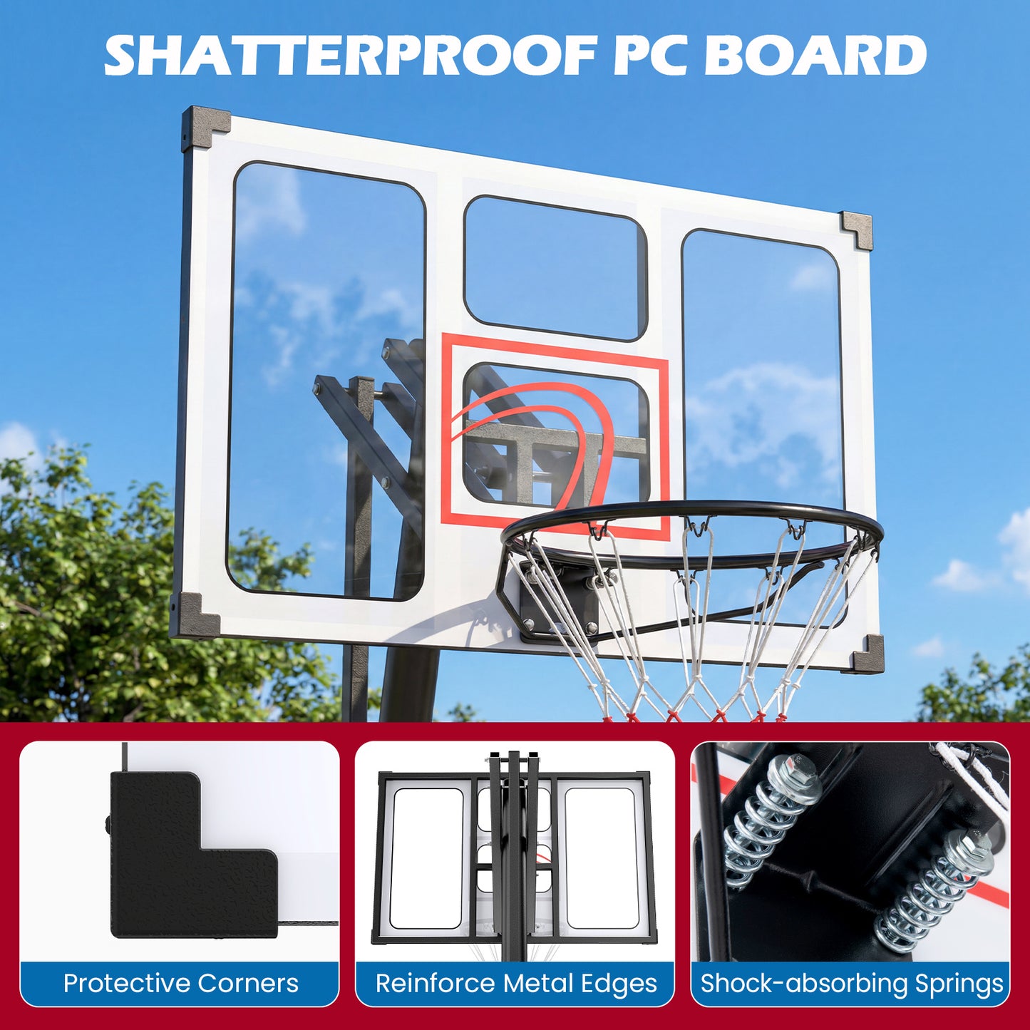 Costway Basketbalring met Wielen 150-305 cm in Hoogte Verstelbare Basketbalstandaard Basketbalsysteem
