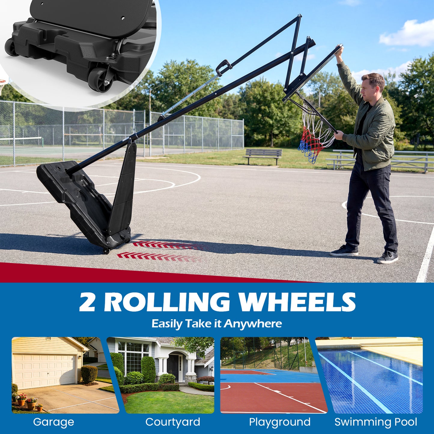 Costway Basketbalring met Wielen 150-305 cm in Hoogte Verstelbare Basketbalstandaard Basketbalsysteem