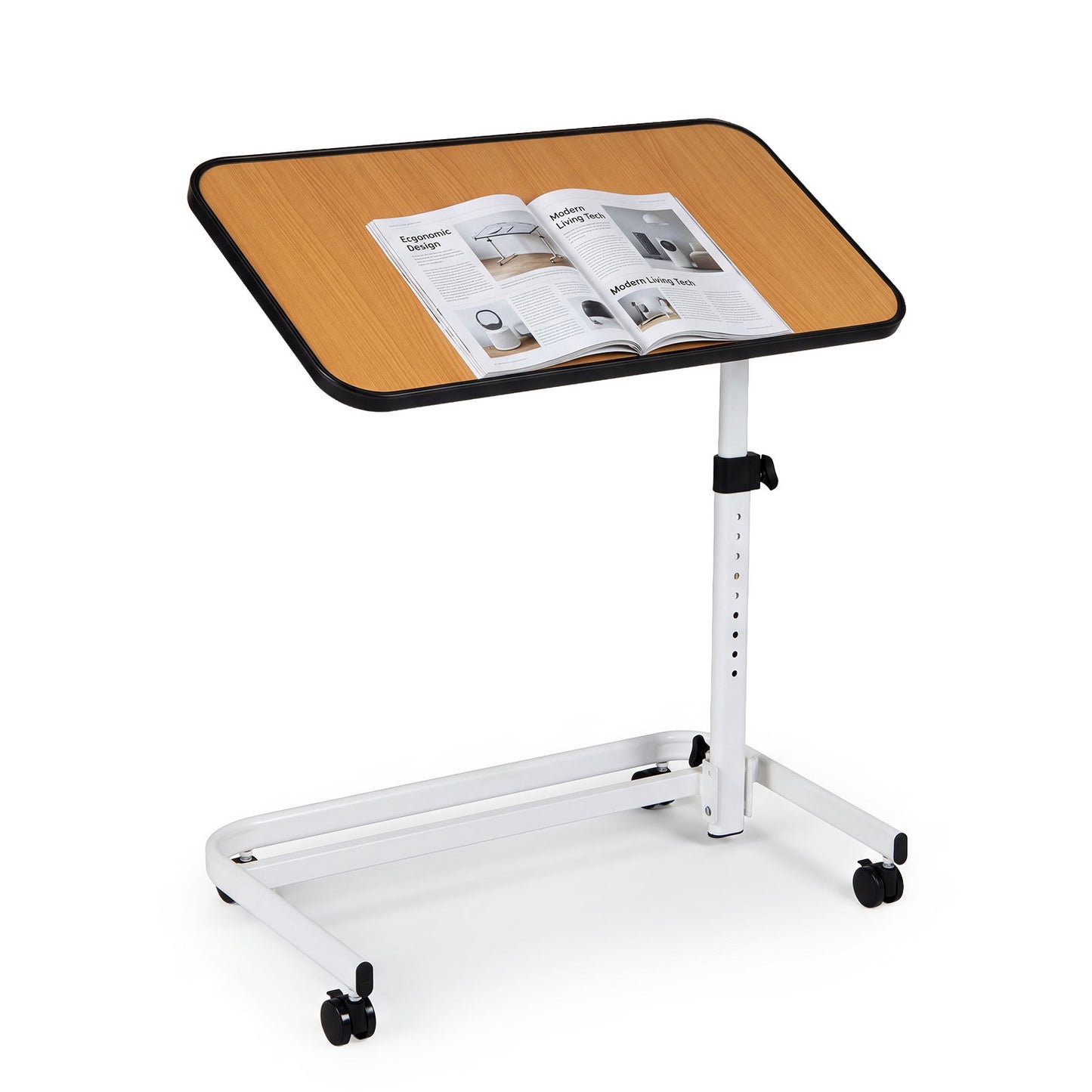 Costway Bedtafel op Wieltjes Verrijdbaar Bijzettafeltje in C-vorm in Hoogte Verstelbaar van 73 tot 93 cm Kantelbaar Tafelblad Naturel