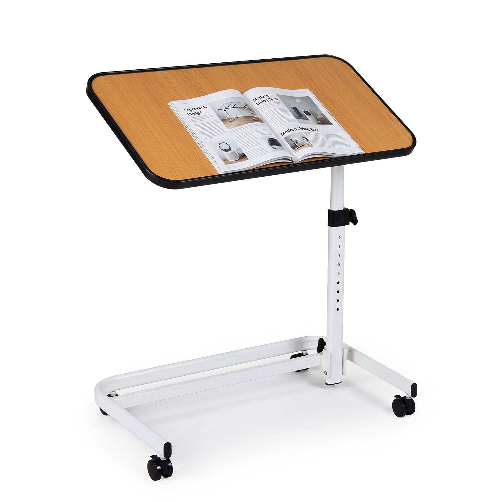 Costway Bedtafel op Wieltjes Verrijdbaar Bijzettafeltje in C-vorm in Hoogte Verstelbaar van 73 tot 93 cm Kantelbaar Tafelblad Naturel
