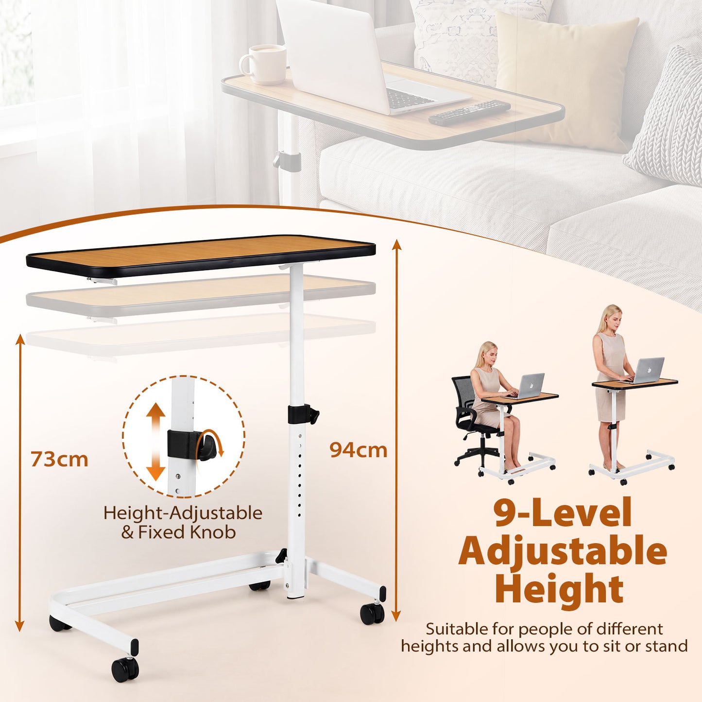 Costway Bedtafel op Wieltjes Verrijdbaar Bijzettafeltje in C-vorm in Hoogte Verstelbaar van 73 tot 93 cm Kantelbaar Tafelblad Naturel