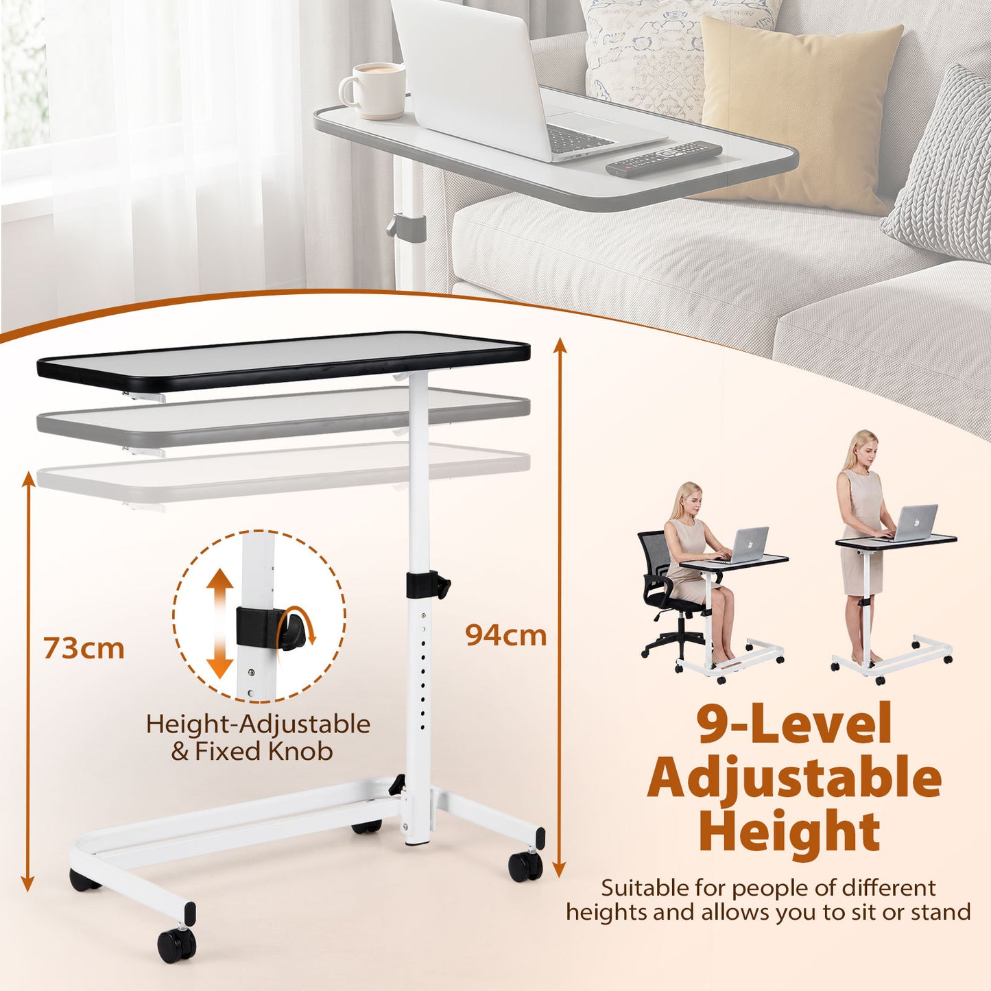 Costway Bedtafel op Wieltjes Verrijdbaar Bijzettafeltje in C-vorm in Hoogte Verstelbaar van 73 tot 93 cm Kantelbaar Tafelblad Wit