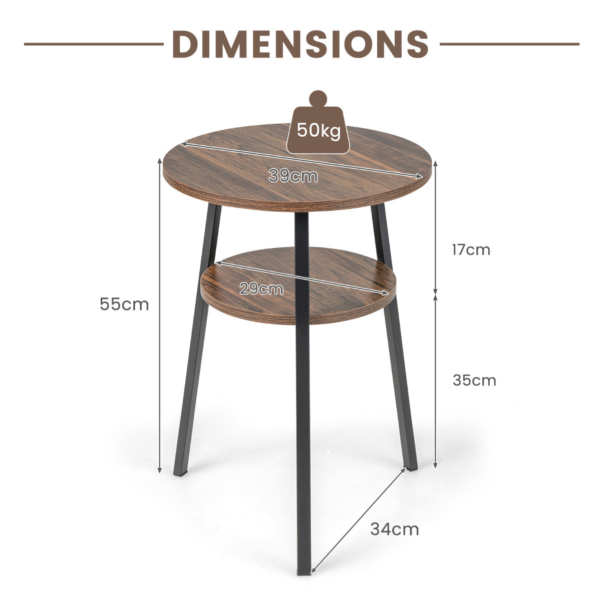 Costway Bijzettafel met 2 Niveaus Rond Nachtkastje met Metalen Frame Salontafel 39 x 39 x 55 cm (Vintage)