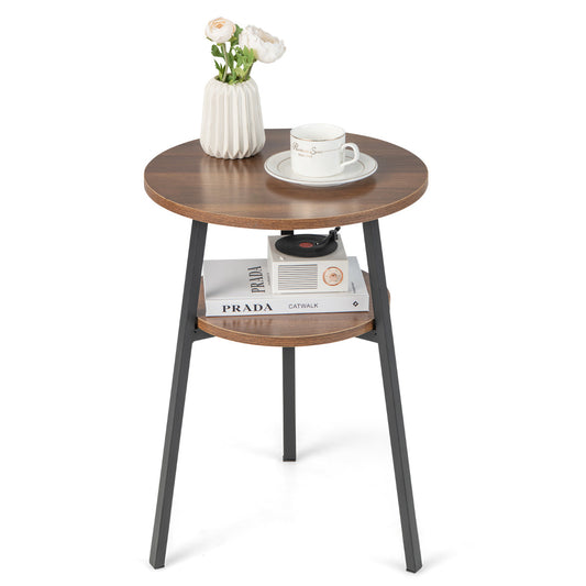 Costway Bijzettafel met 2 Niveaus Rond Nachtkastje met Metalen Frame Salontafel 39 x 39 x 55 cm (Walnoot)