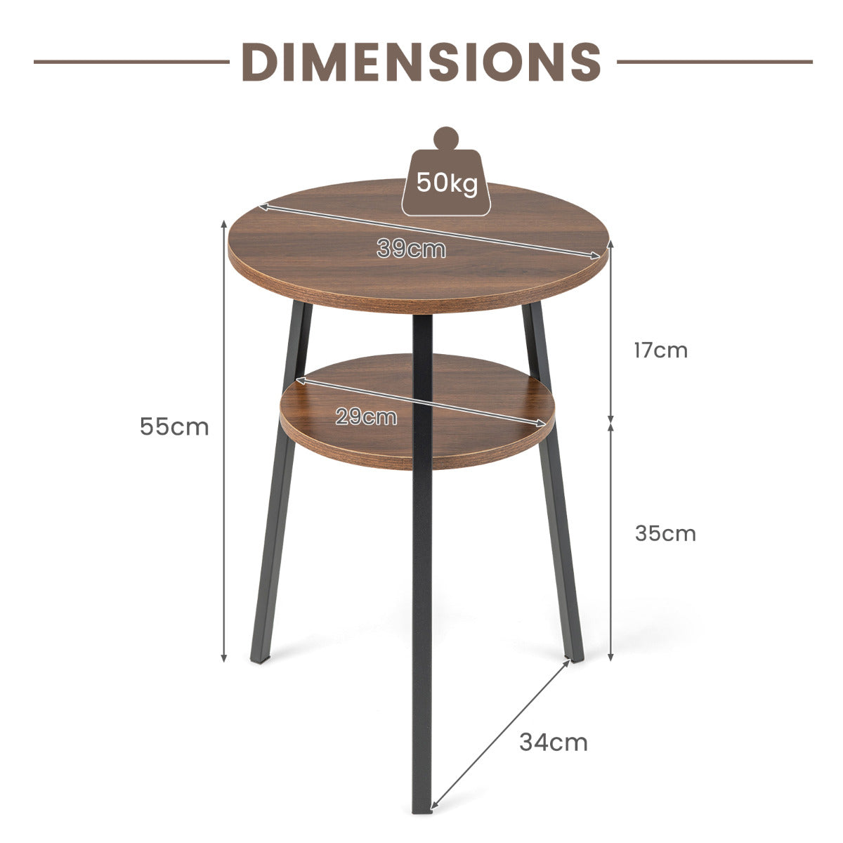 Costway Bijzettafel met 2 Niveaus Rond Nachtkastje met Metalen Frame Salontafel 39 x 39 x 55 cm (Walnoot)