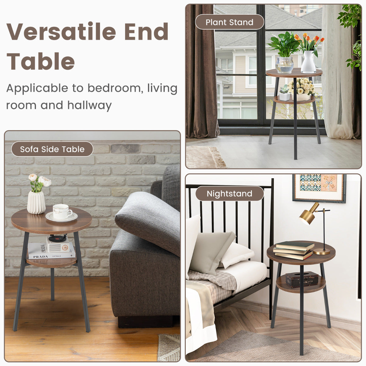 Costway Bijzettafel met 2 Niveaus Rond Nachtkastje met Metalen Frame Salontafel 39 x 39 x 55 cm (Walnoot)